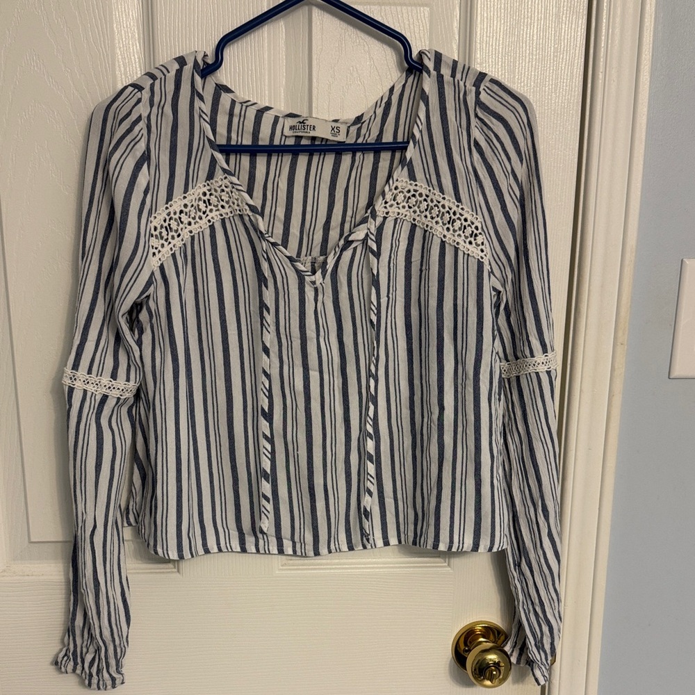 Hollister Navy and White Striped Blouse